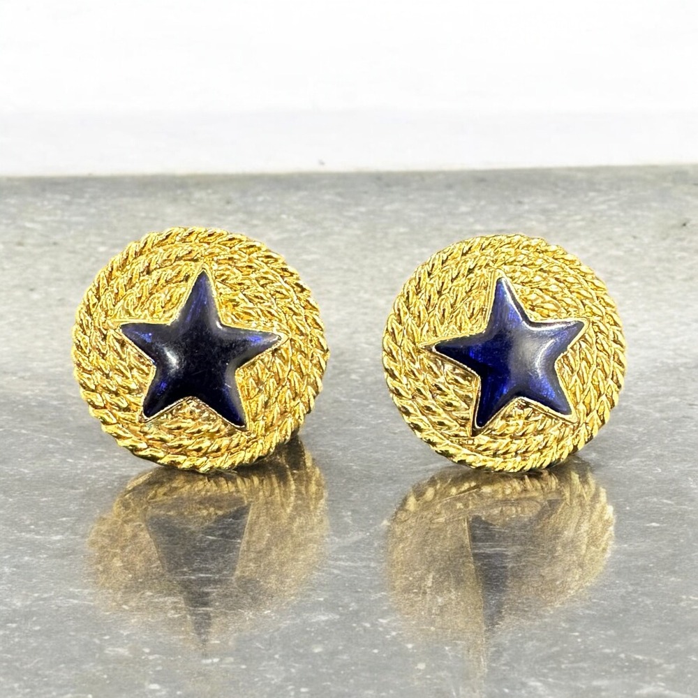 Vintage Avon Stud Earrings Nautical Rope Stars Blue Enamel Gold Tone